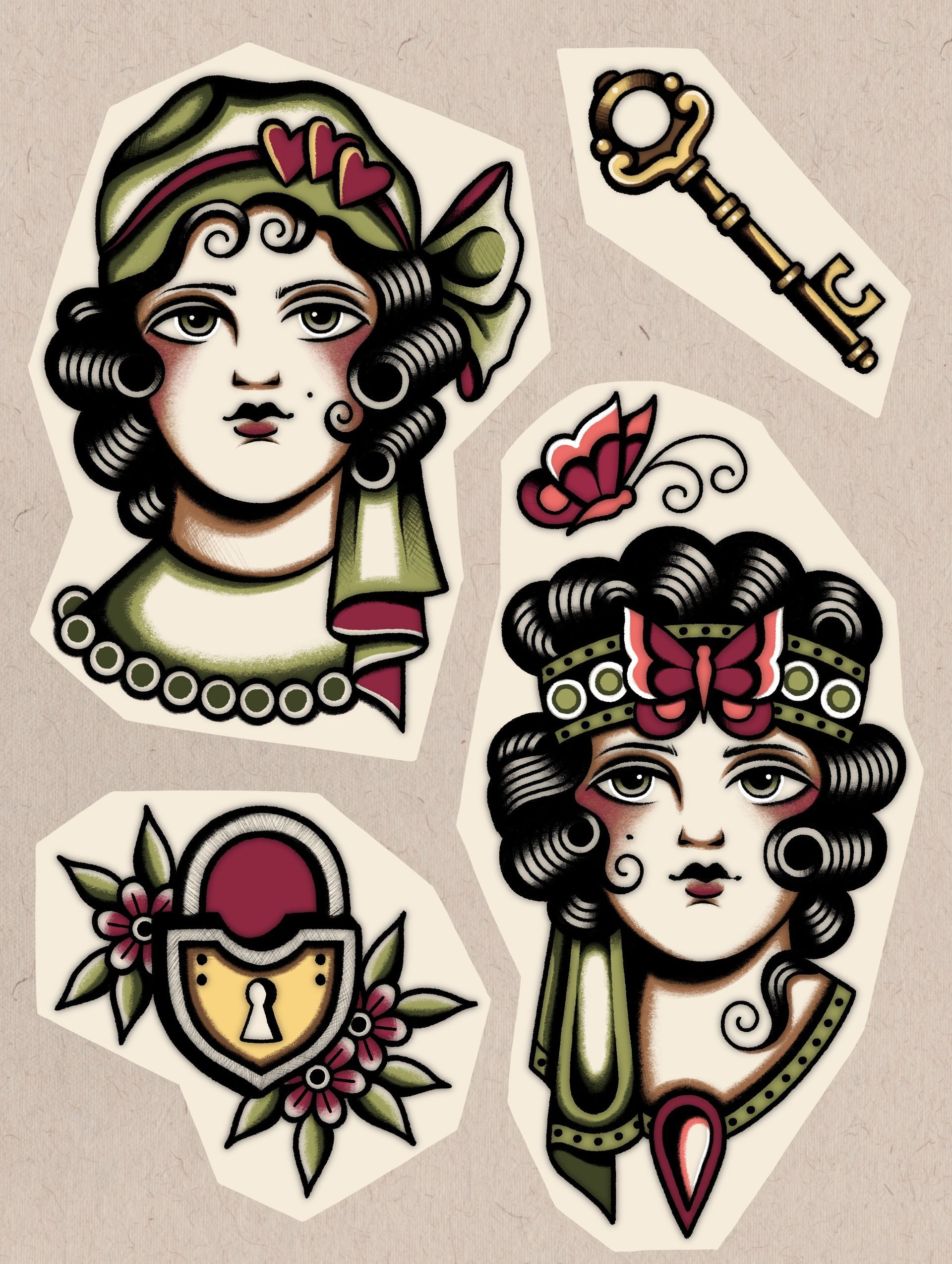 flash tattoos van Silke Sideways Tattoo Leeuwarden. Flashsheet flashwork flash design tatoeage ontwerpen. traditional vrouwen