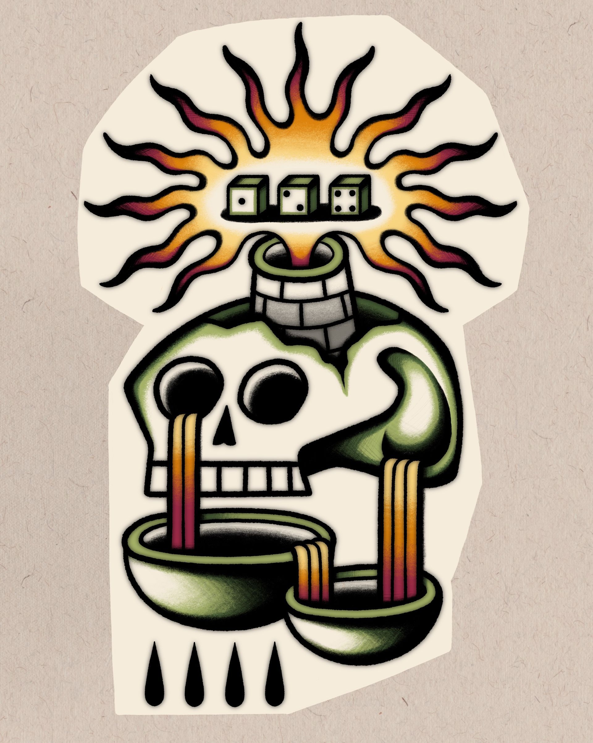 flash tattoos van Silke Sideways Tattoo Leeuwarden. Flashsheet flashwork flash ontwerpen. skull tattoo kleur dobbelstenen