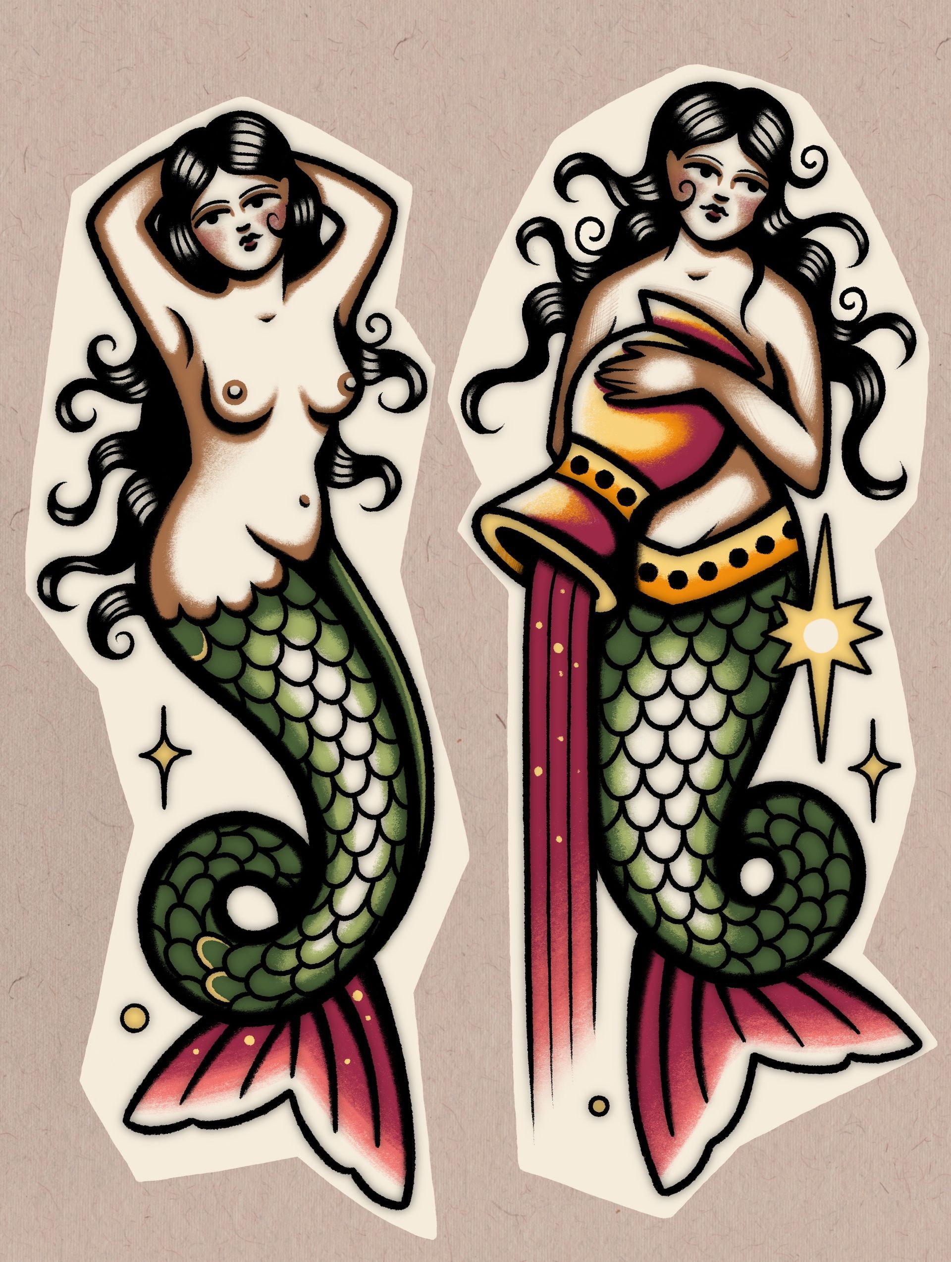 flash tattoos van Silke Sideways Tattoo. Flashsheet flashwork design ontwerpen. Zeemeermin ontwerp kleuren color colour