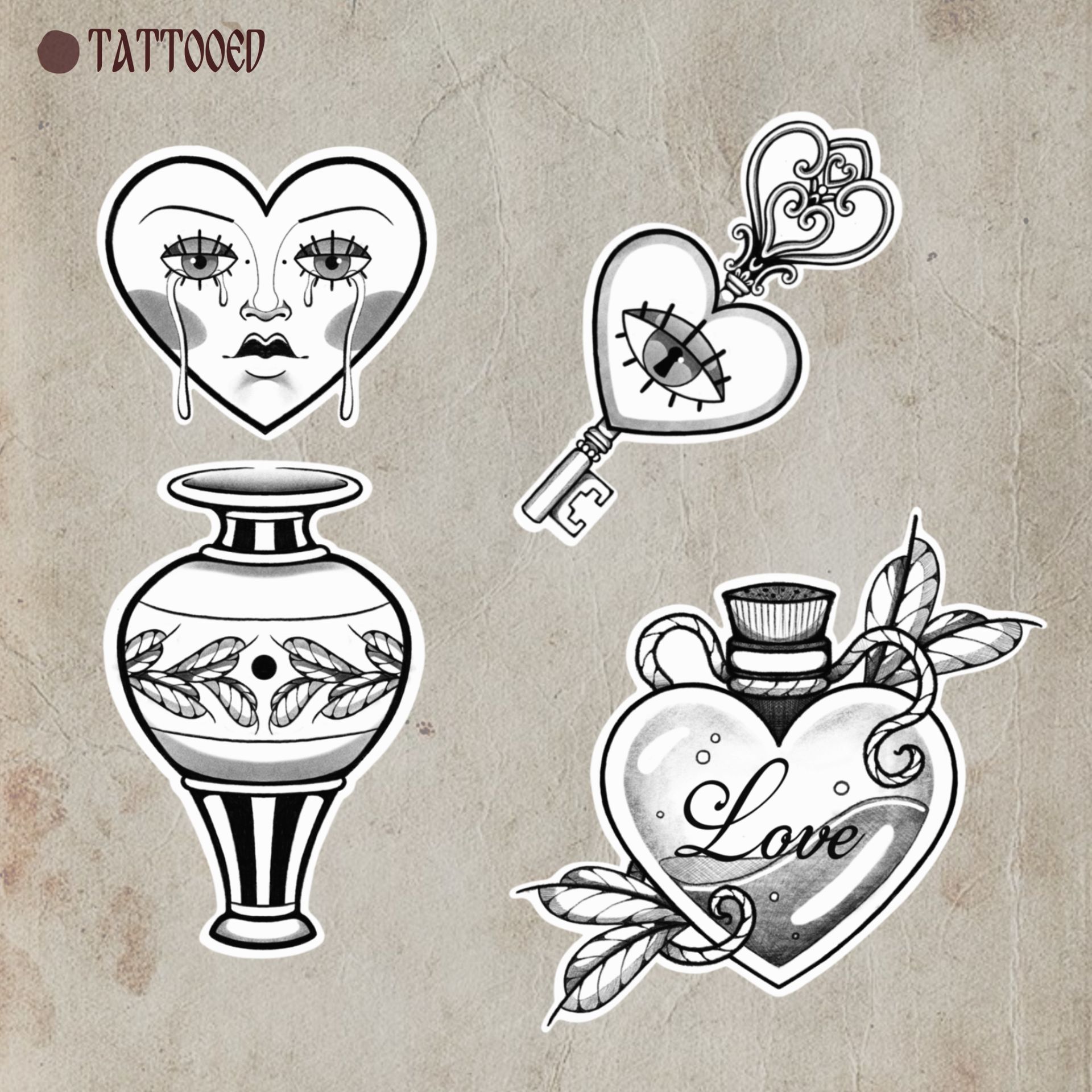 Tattoo ontwerp Marije van Sideways Tattoo Leeuwarden. Flashwork flashsheet heart vaas artnouveau botanical vase bladeren