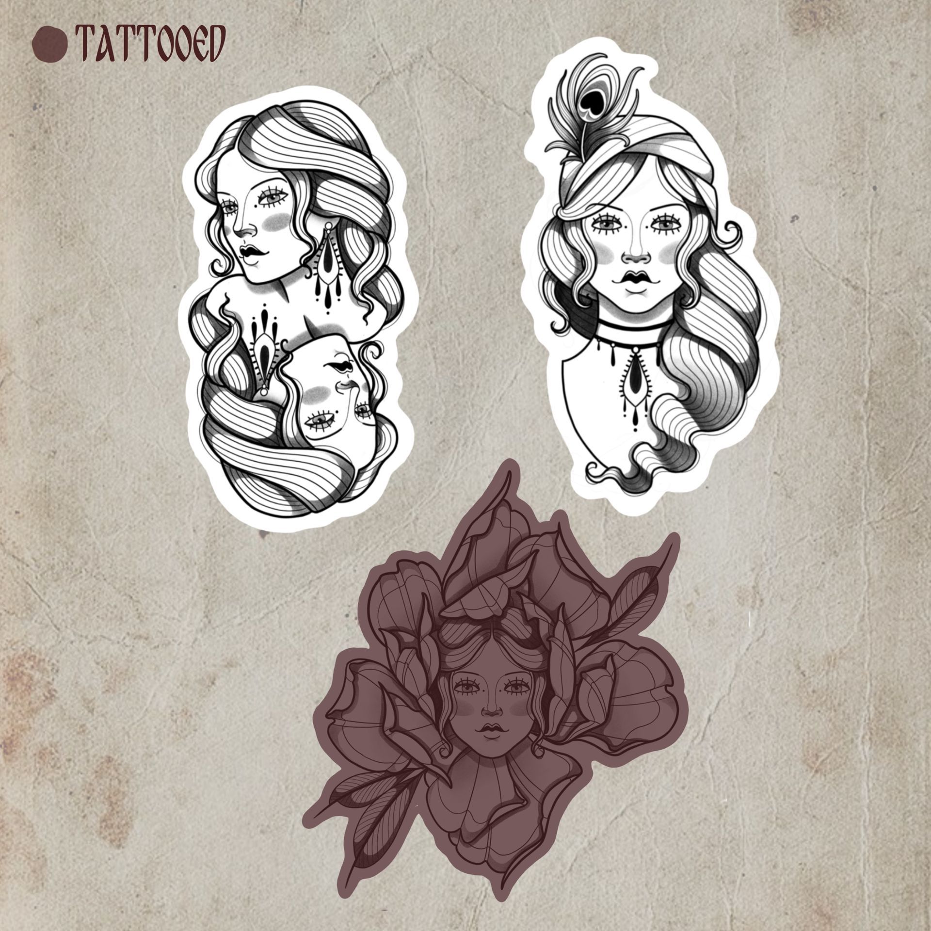 Tattoo ontwerp van Marije Kootstra, Sideways Tattoo Leeuwarden. Flashwork flashsheet faces flash design art nouveau botanical