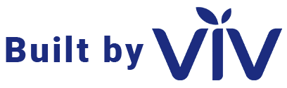 A blue and white logo for built by viv