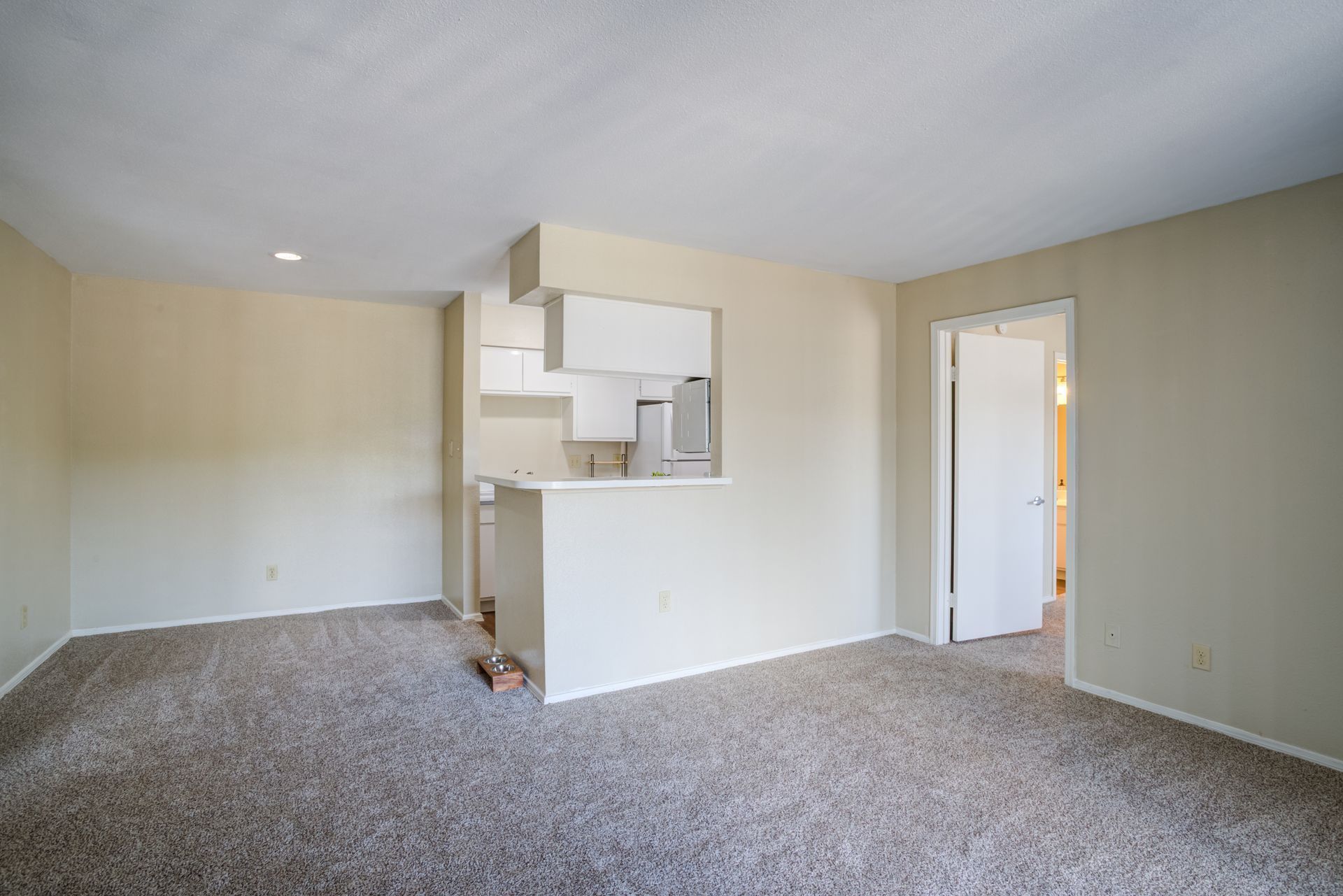 Empty apartment with carpet, kitchen, and open doorway to another room.