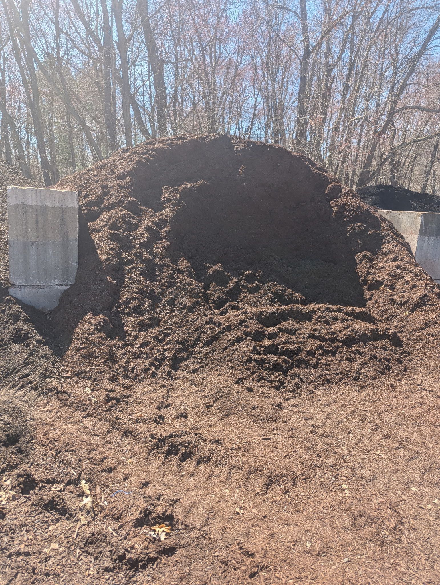 A large pile of dark brown wood mulch sits between two concrete block retaining walls outdoors in a wooded area.