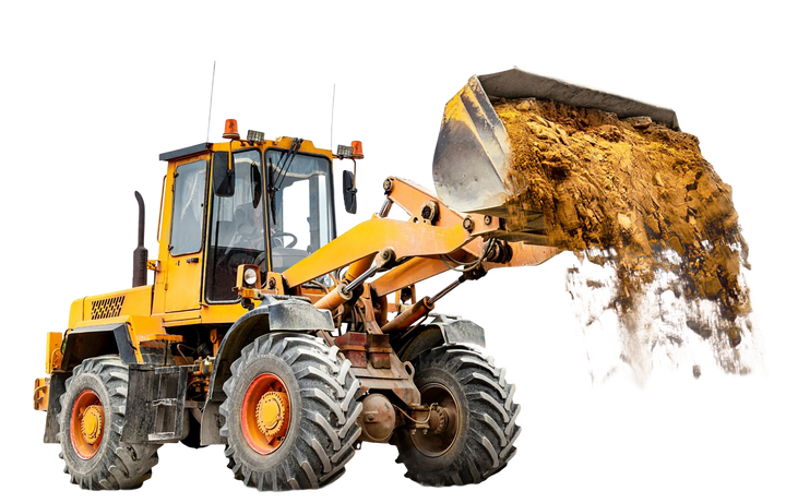 A yellow front-end loader dumps a bucket of dirt against a plain white background.