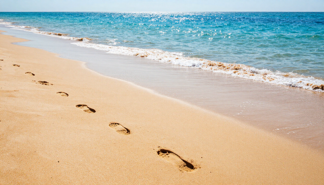 Sandy footprints on a bright summer beach representing foot health.