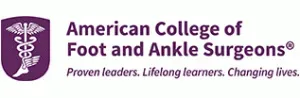 Logo of American College of Foot and Ankle Surgeons. Purple shield with medical symbol, text, and tagline.