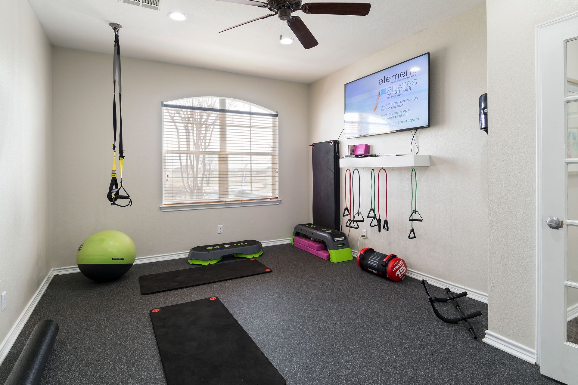 Home gym with exercise equipment: TRX straps, ball, mats, weights, and a TV.