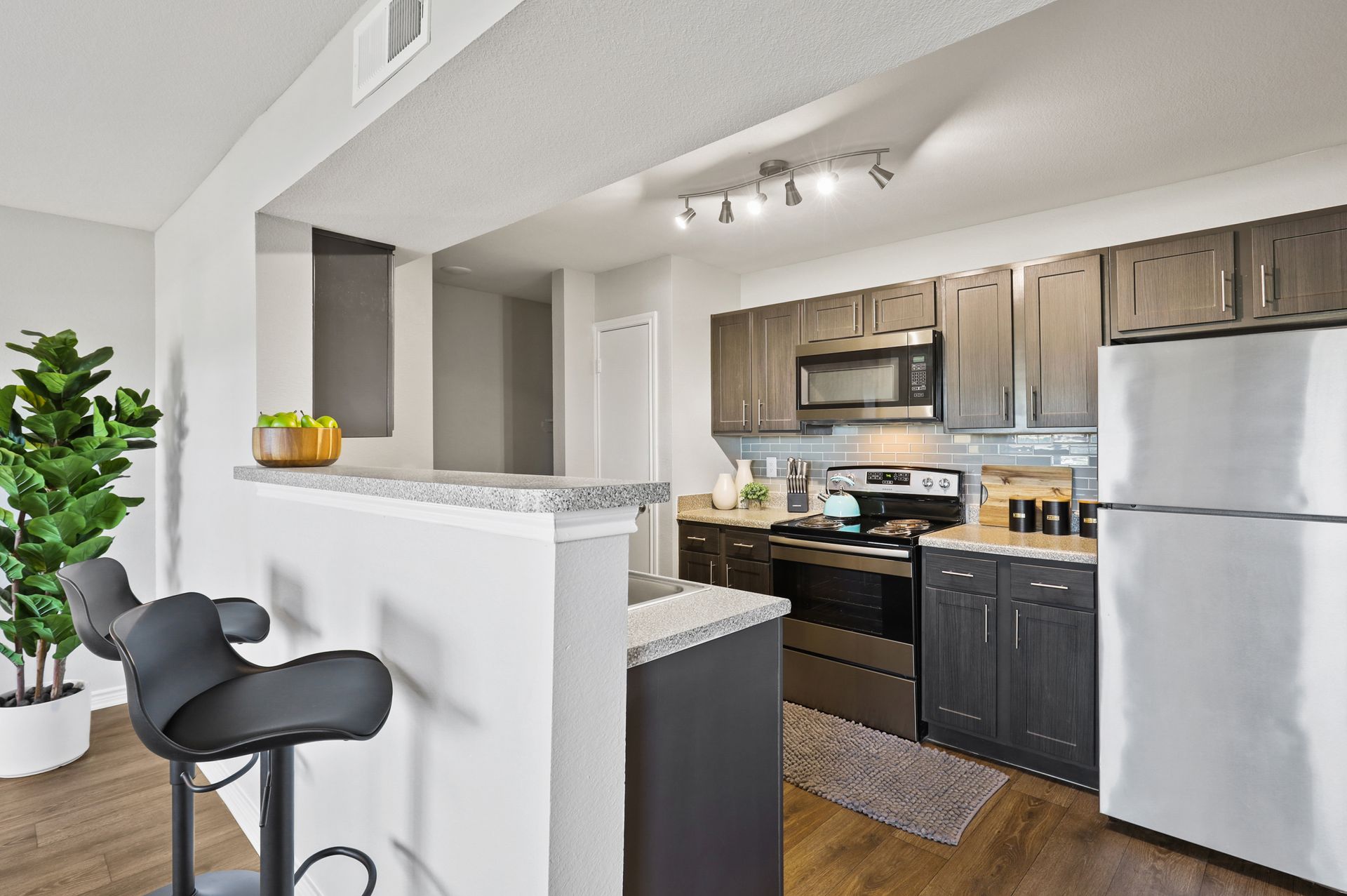 Modern kitchen with stainless steel appliances, dark cabinets, granite countertops, and a breakfast bar.