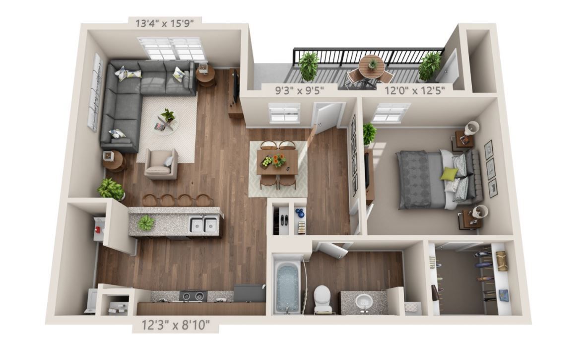 Floor plan of a one-bedroom apartment with a living room, kitchen, bedroom, balcony, and bathroom.