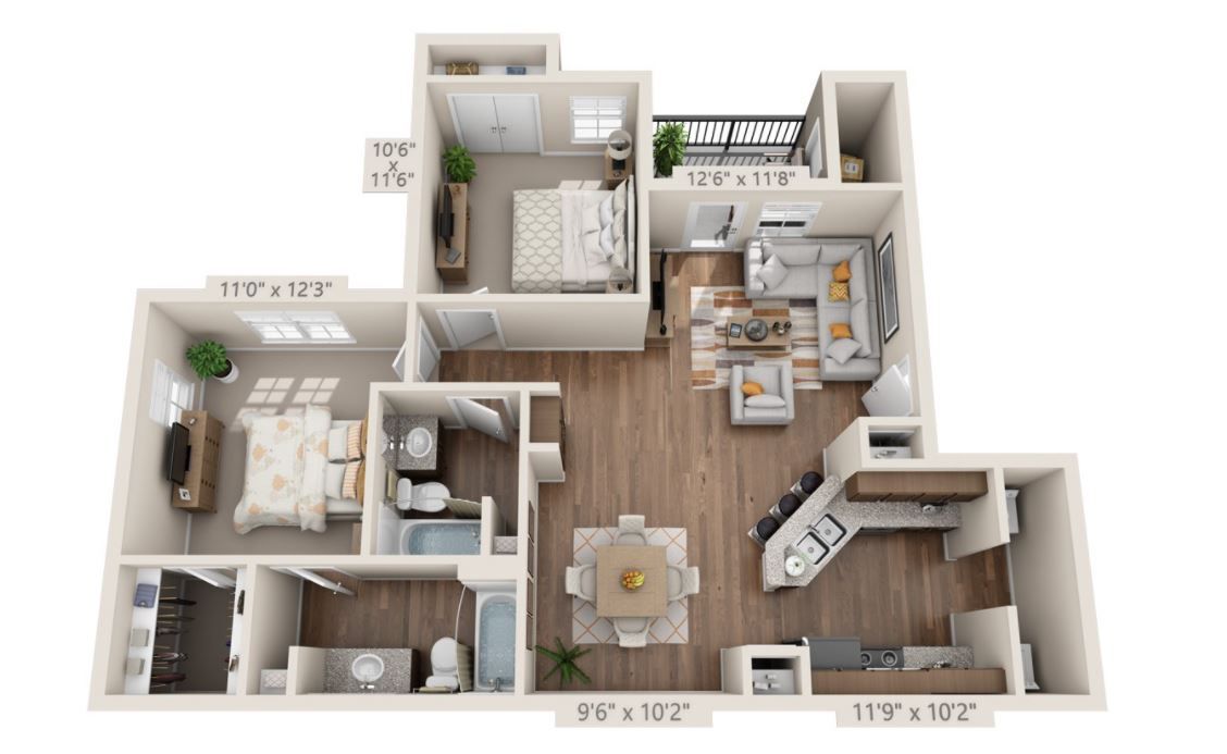 Floor plan of a two-bedroom apartment with a kitchen, dining area, living room, and balcony.