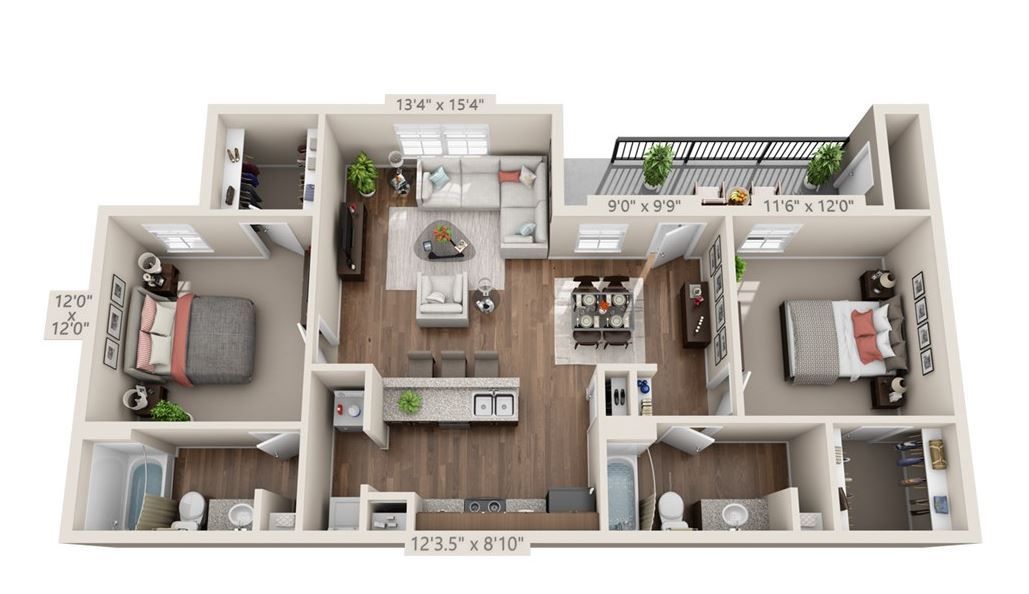 Floor plan of a two-bedroom apartment, rendered in light tones, with furniture and outdoor balcony.