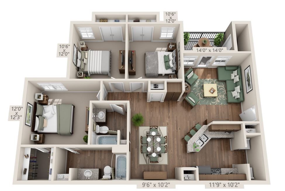 Floor plan of a three-bedroom apartment, rendered in a top-down view. Includes furniture, decor, and dimensions.