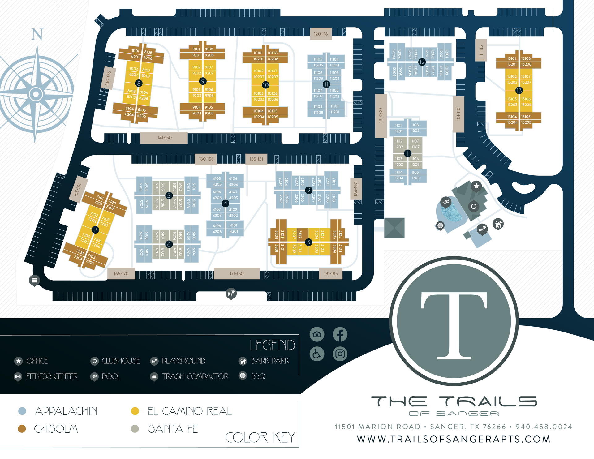 Map of The Trails at Tampa apartments, with building locations indicated by color coding.