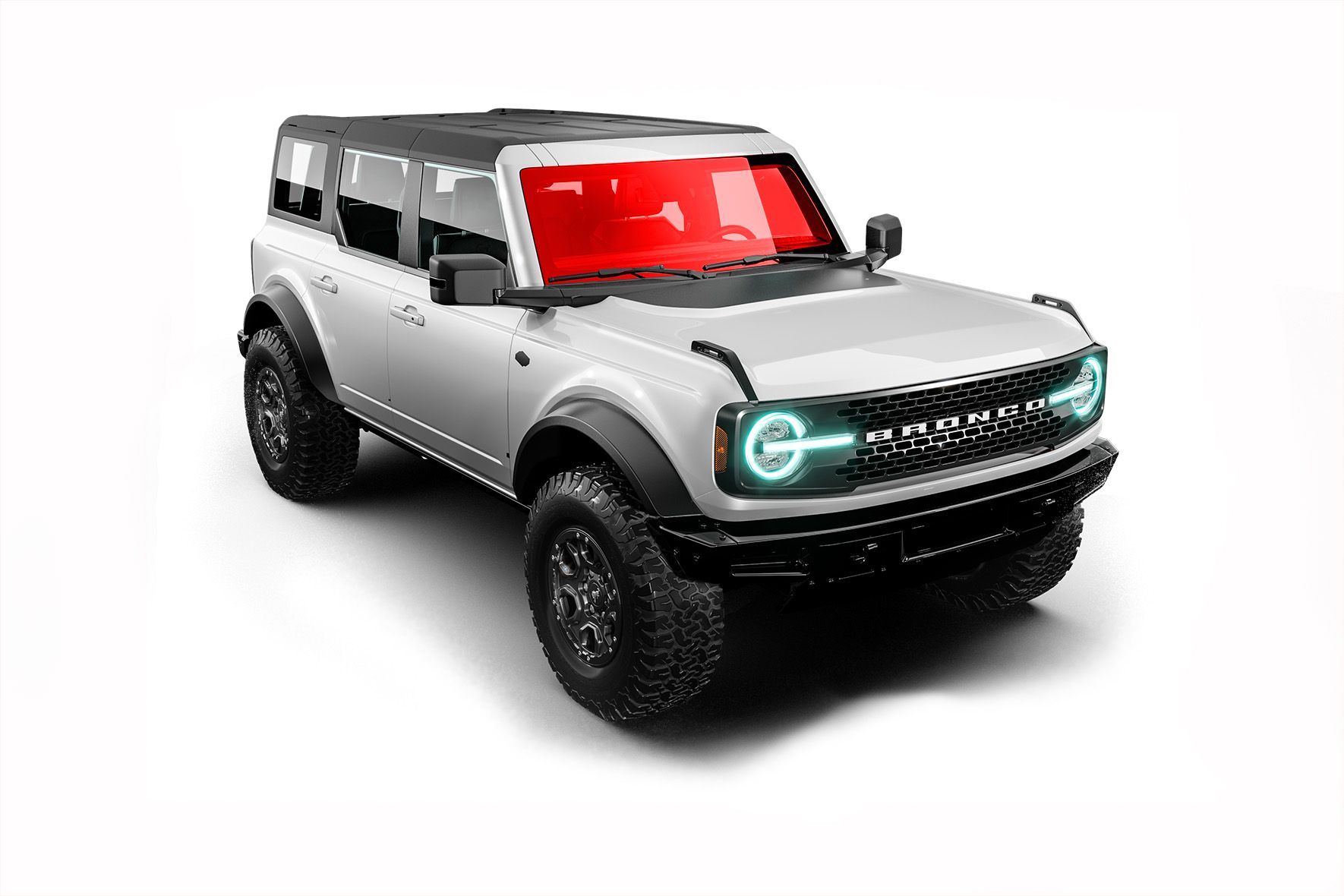 A white ford bronco with a red windshield on a white background.
