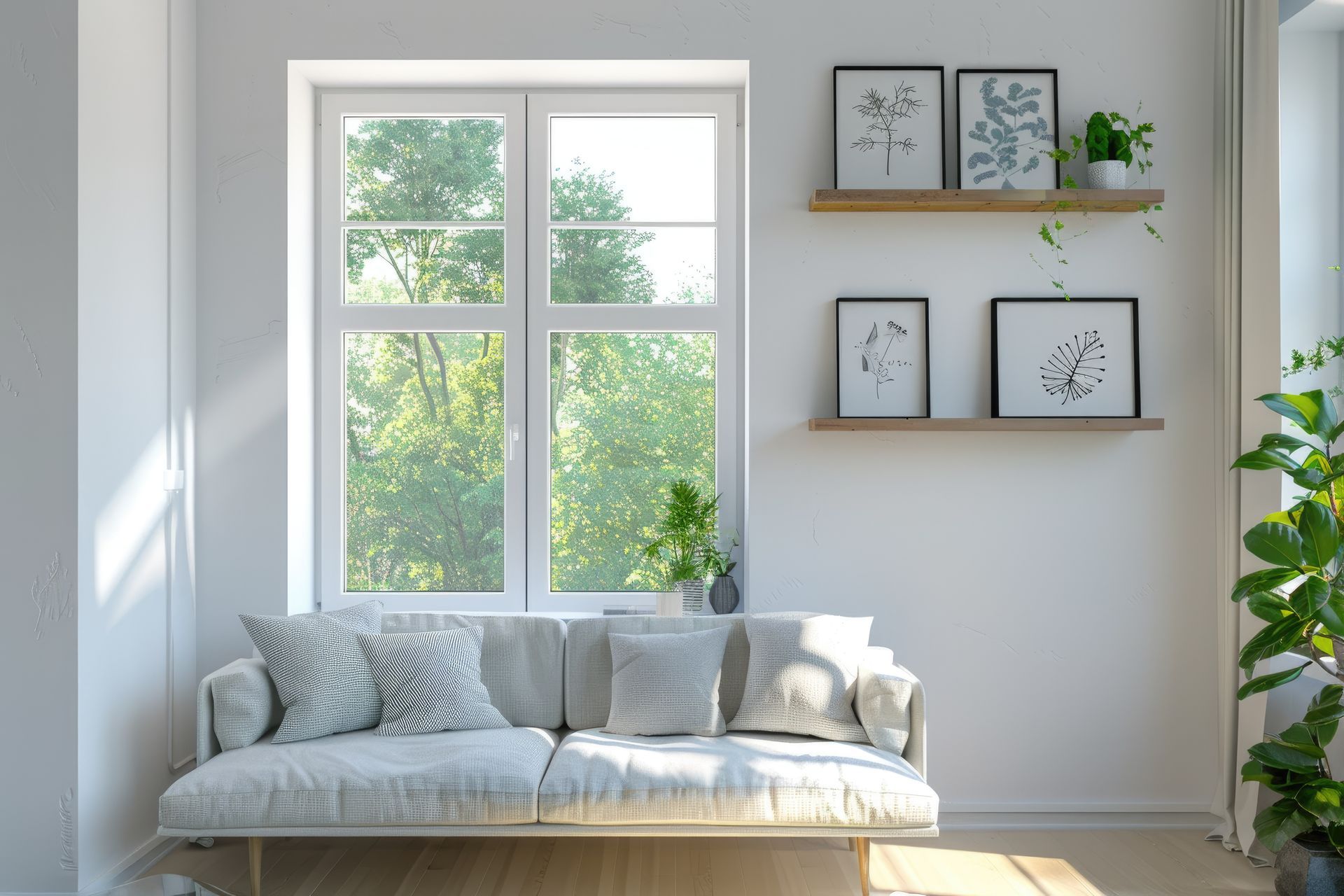 A living room with a couch and a window.