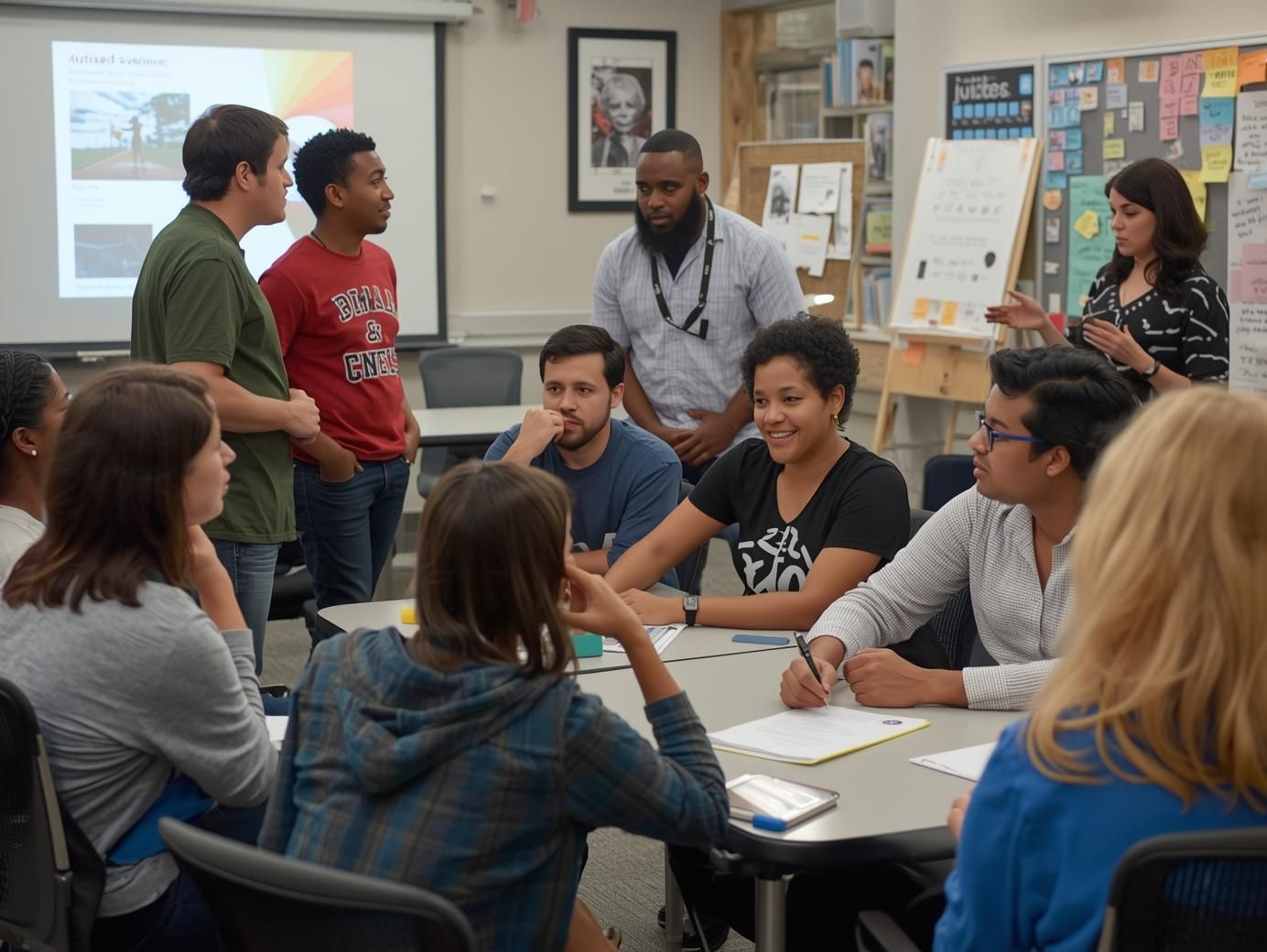 Group of people in a meeting, some seated at tables, others standing and talking. A woman points at a whiteboard.