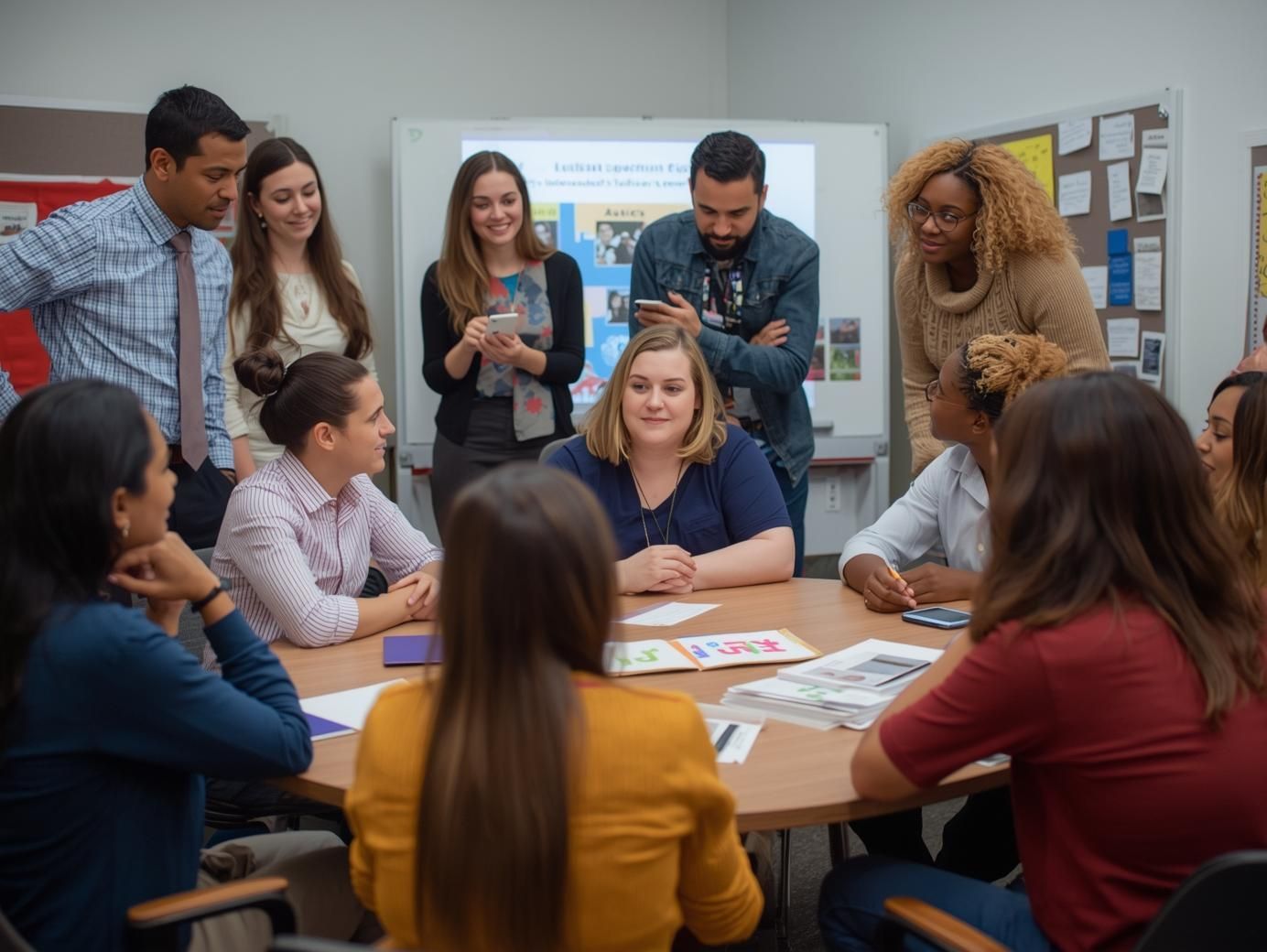 Group of people gathered around a table in a meeting, discussing a project.