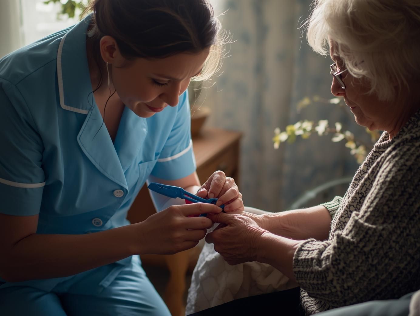 Caregiver trimming nails of an elderly person, indoor setting.