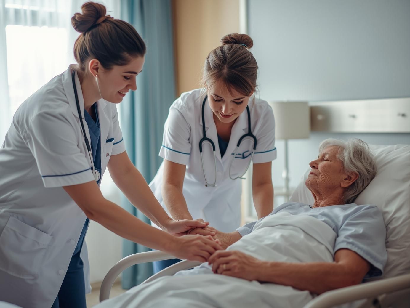 Two medical professionals attending to a patient in a hospital room.