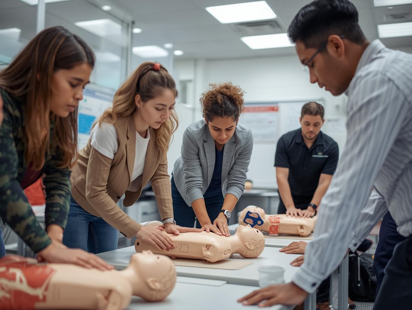 People practicing CPR on mannequins in a classroom.
