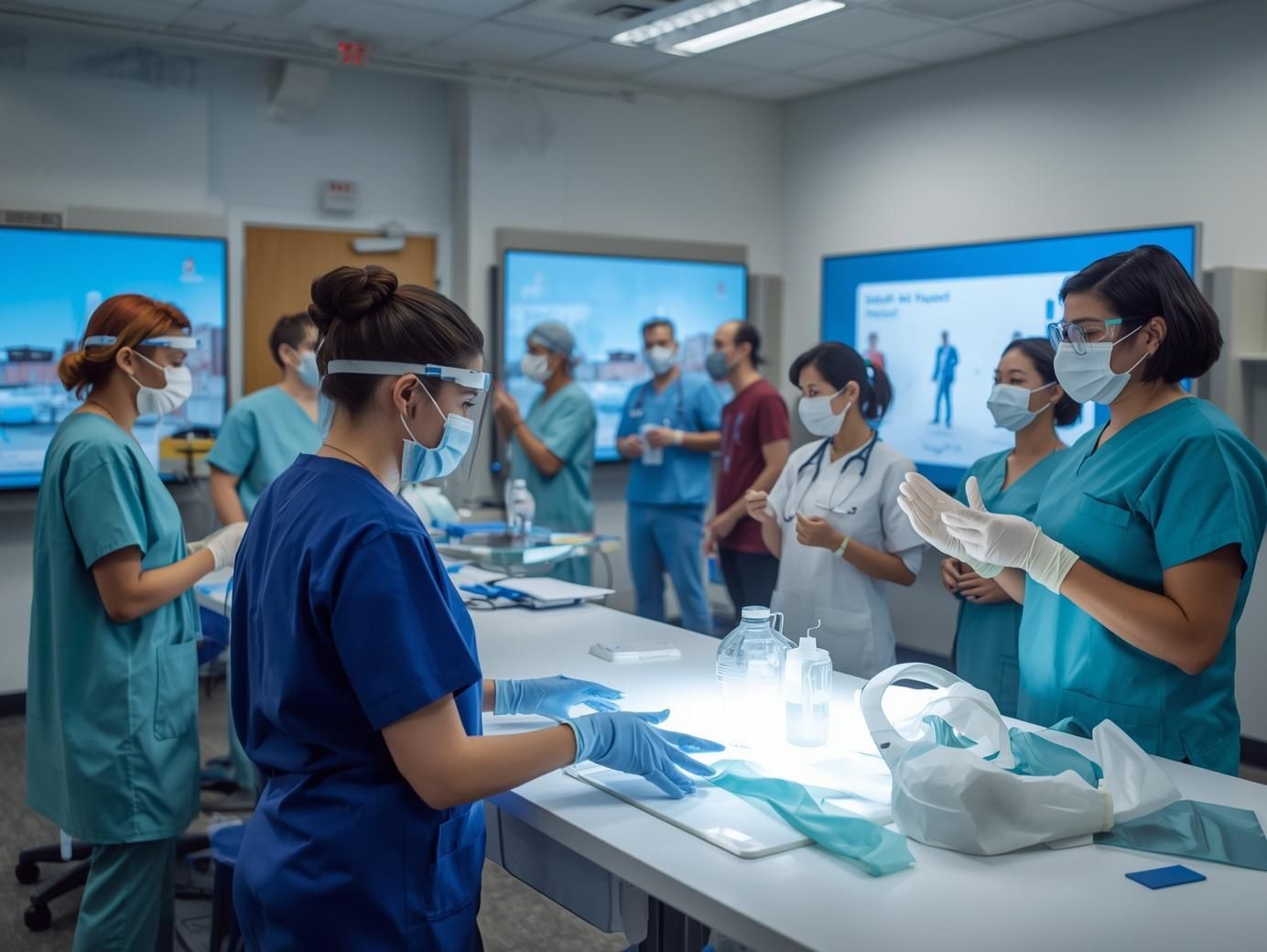 Medical professionals in scrubs and masks preparing for a procedure in a brightly lit room.