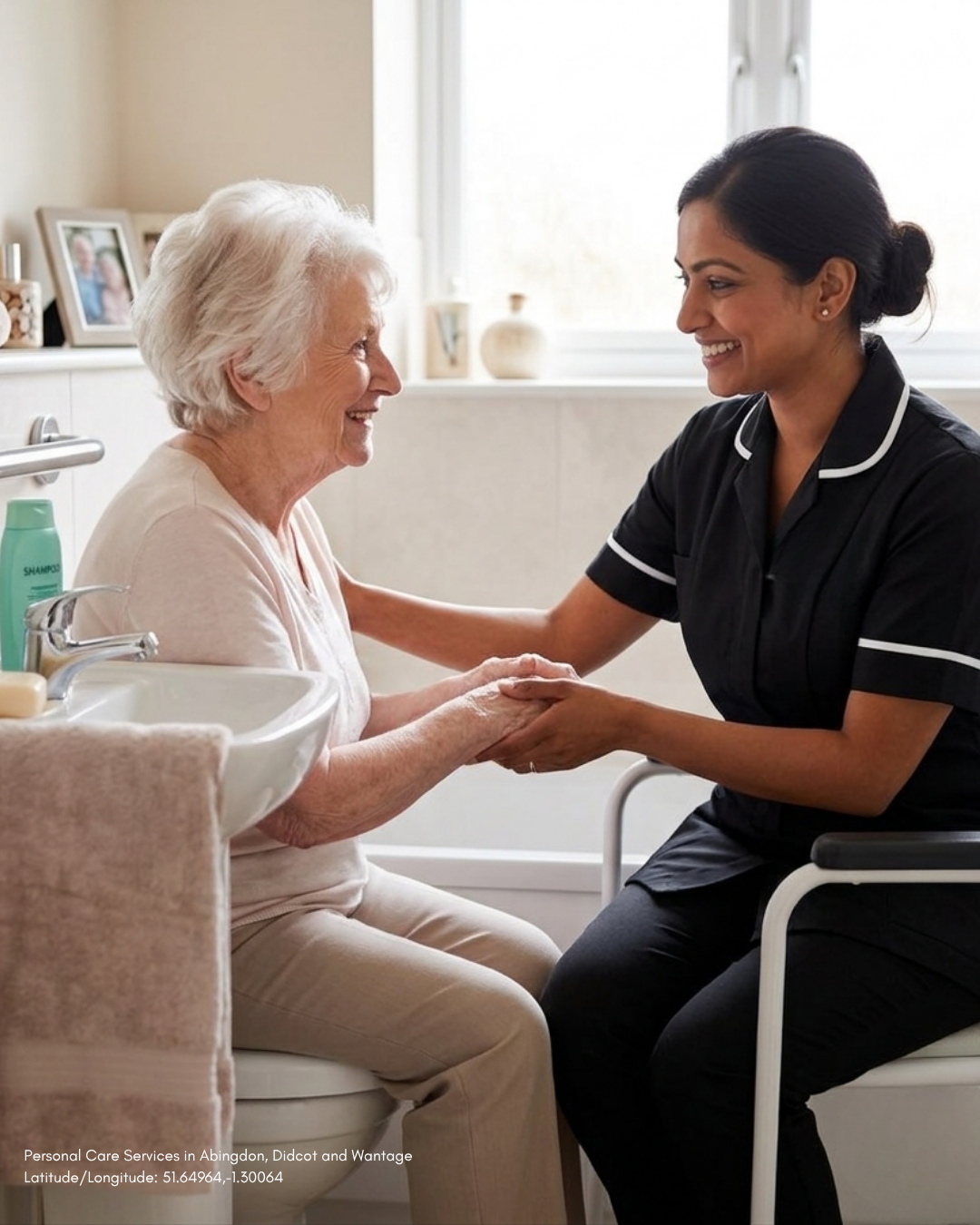 A caregiver holding the hands of a person sitting in a bathroom, smiling at each other.