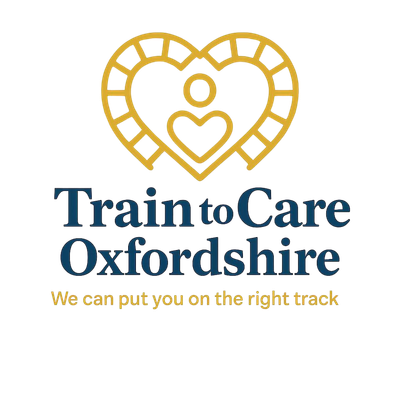 Gold heart logo with figure inside, blue text: