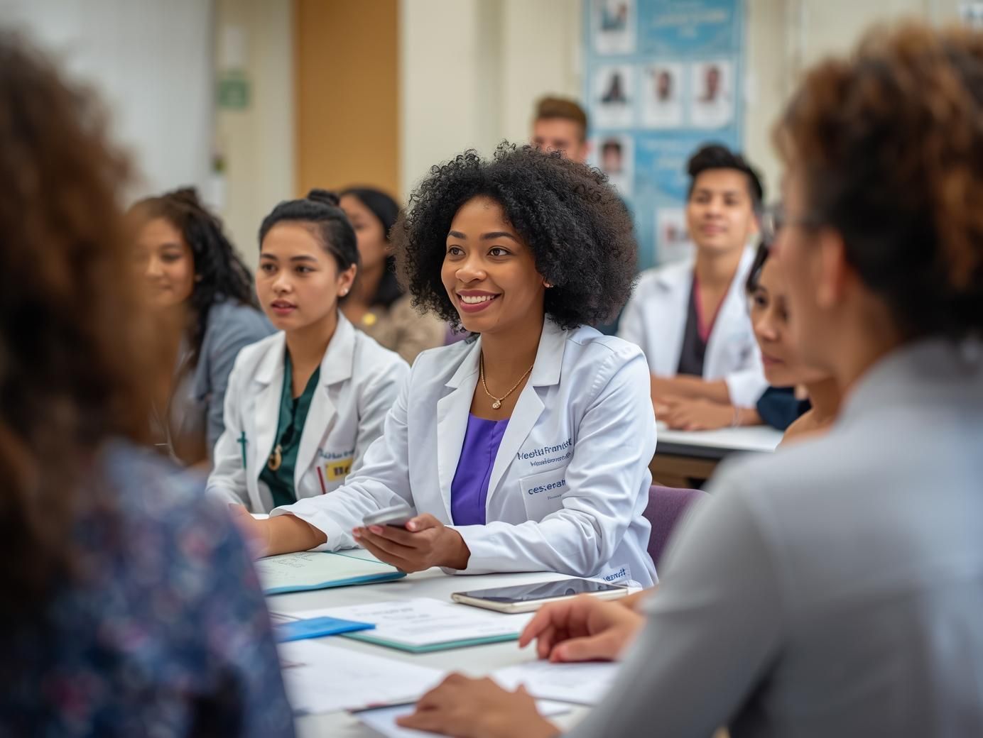 Medical students in white coats sit at desks, listening attentively. Classroom setting.