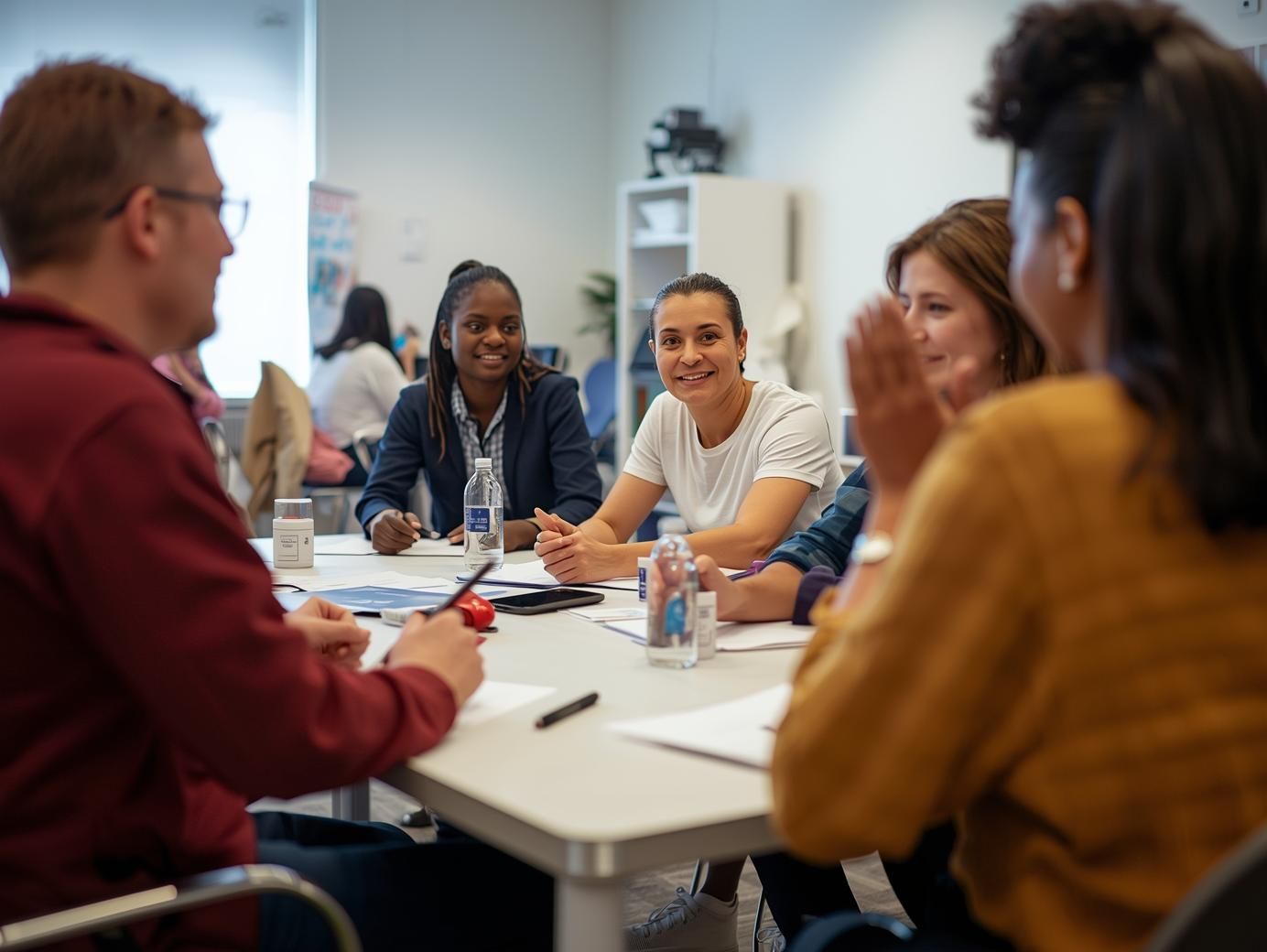 Group of people seated around a table, engaged in a discussion; documents and water bottles on table.