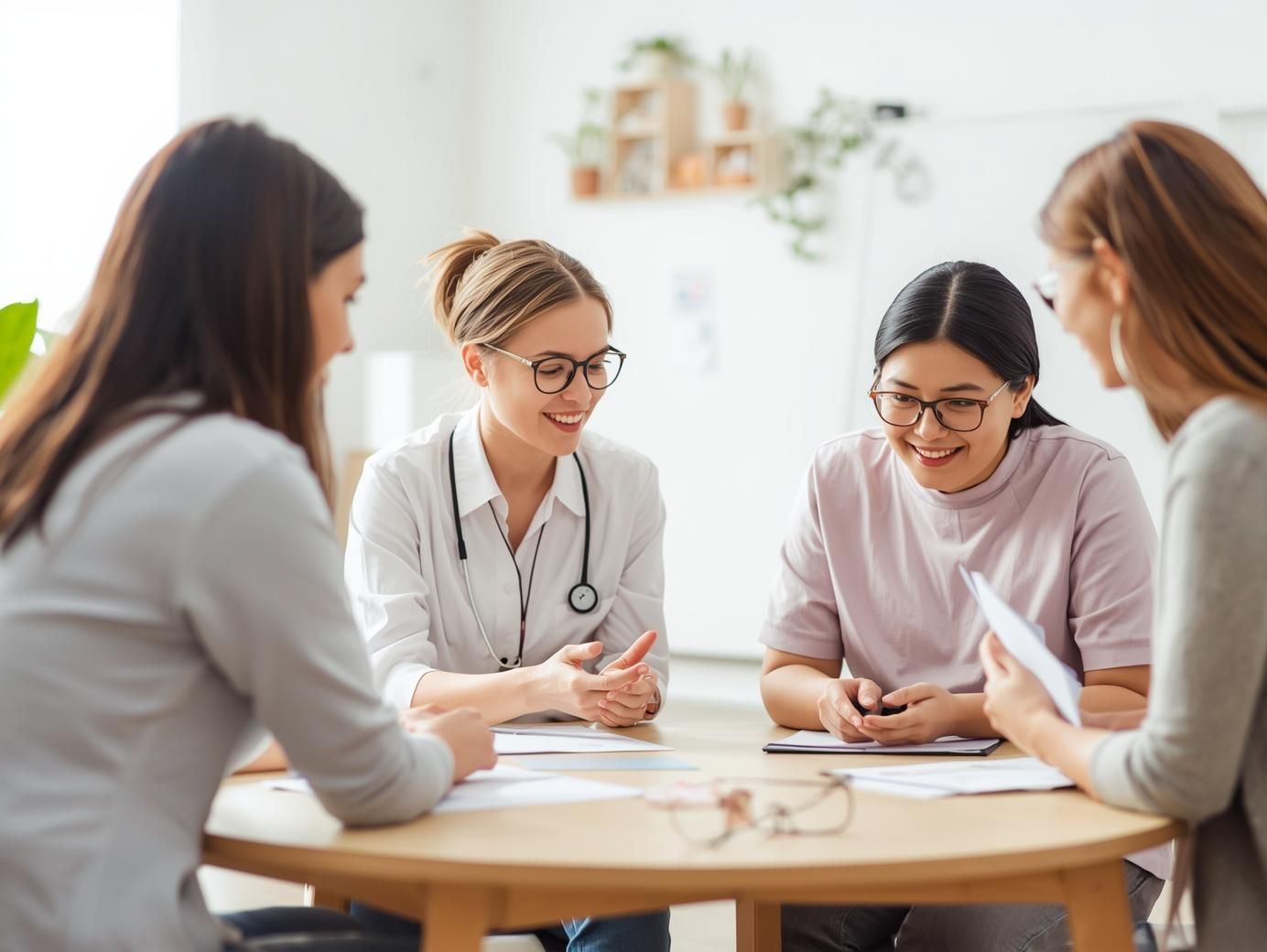 Four people sitting at a round table, discussing documents. One wears a lab coat and stethoscope.