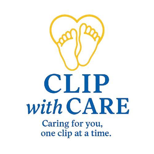 Yellow heart with two footprints, blue text