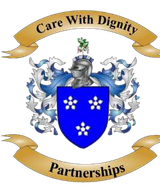 Coat of arms with a blue shield bearing white flowers, and banner reading