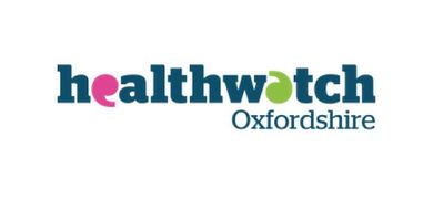 Healthwatch Oxfordshire logo: dark teal text with pink and green accents, white background.