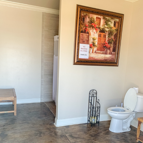A bathroom with a toilet and a picture on the wall
