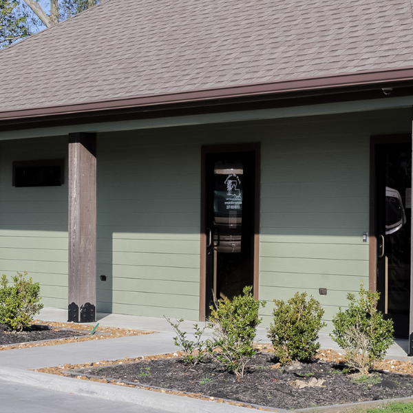 A green house with a brown roof and a glass door