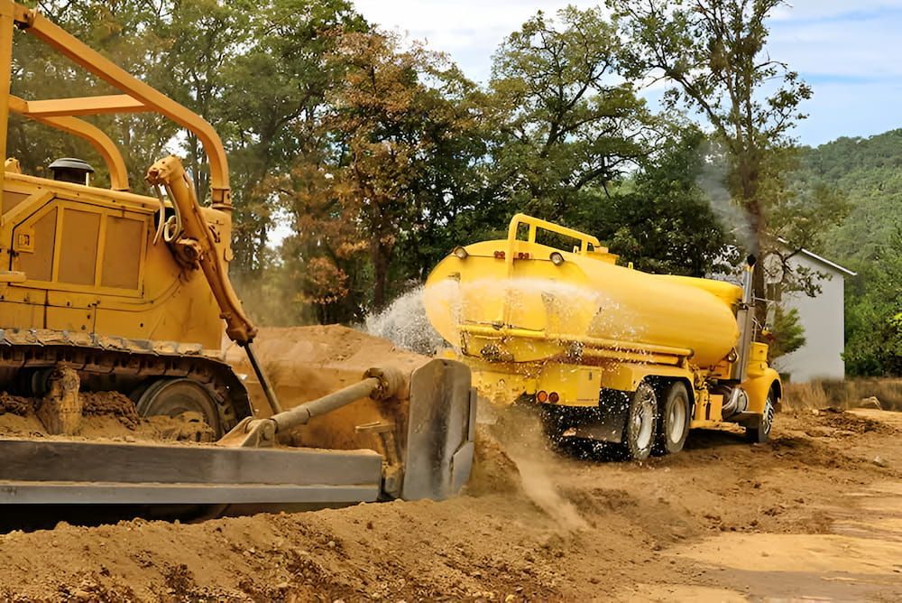 A Bulldozer And A Vacuum Truck Are Moving Dirt — Jeff Thompson Excavator Hire Pty Ltd In Pink Lily, QLD