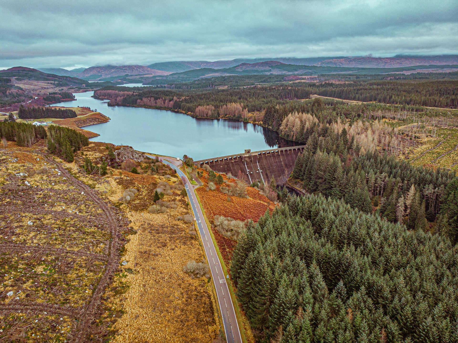 An aerial view of a road leading to a lake surrounded by trees.