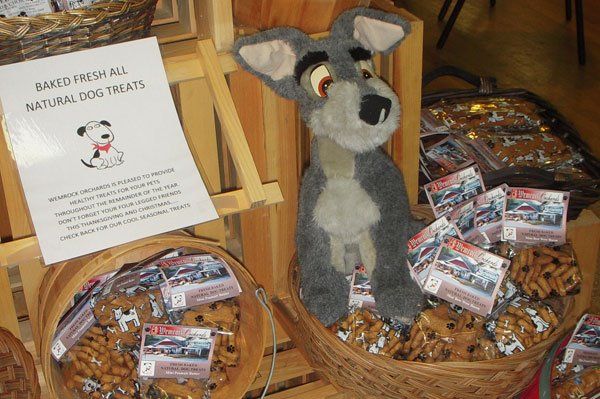 Display of dog treats, a stuffed dog, and a sign.