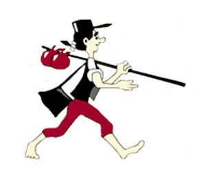 Man in red pants, black vest and hat, carrying a bag and staff, walking.