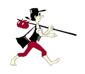 Man in red pants, black vest and hat, carrying a bag and staff, walking.