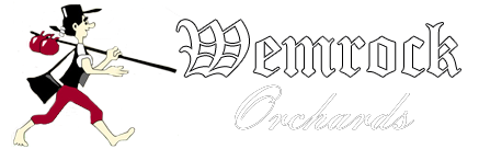 Cartoon character with a bag walking towards "Wemrock Orchards" in gothic font.