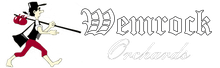 Cartoon character with a bag walking towards "Wemrock Orchards" in gothic font.