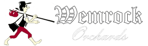 Cartoon character with a bag walking towards "Wemrock Orchards" in gothic font.