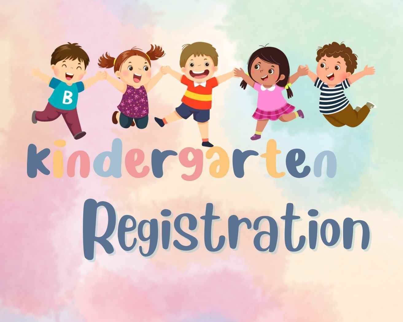 A group of children are holding hands in front of a sign that says kindergarten registration.