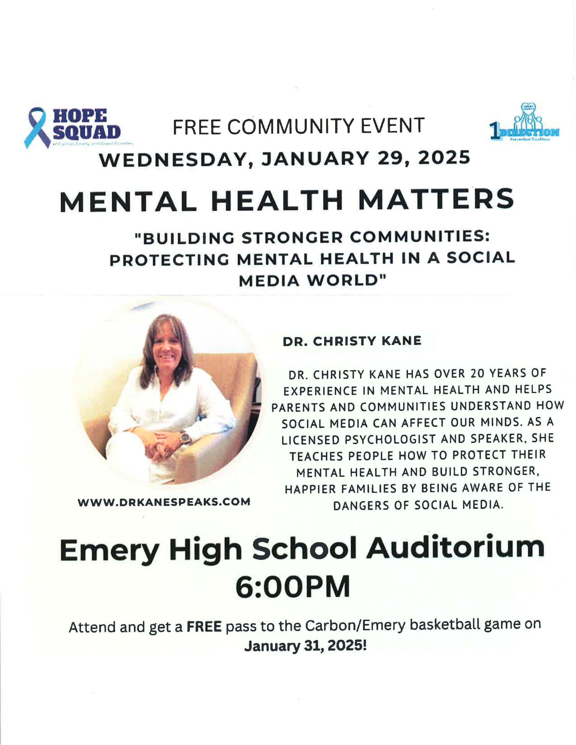 Emery high school auditorium is holding a free community event on wednesday , january 29 , 2022.