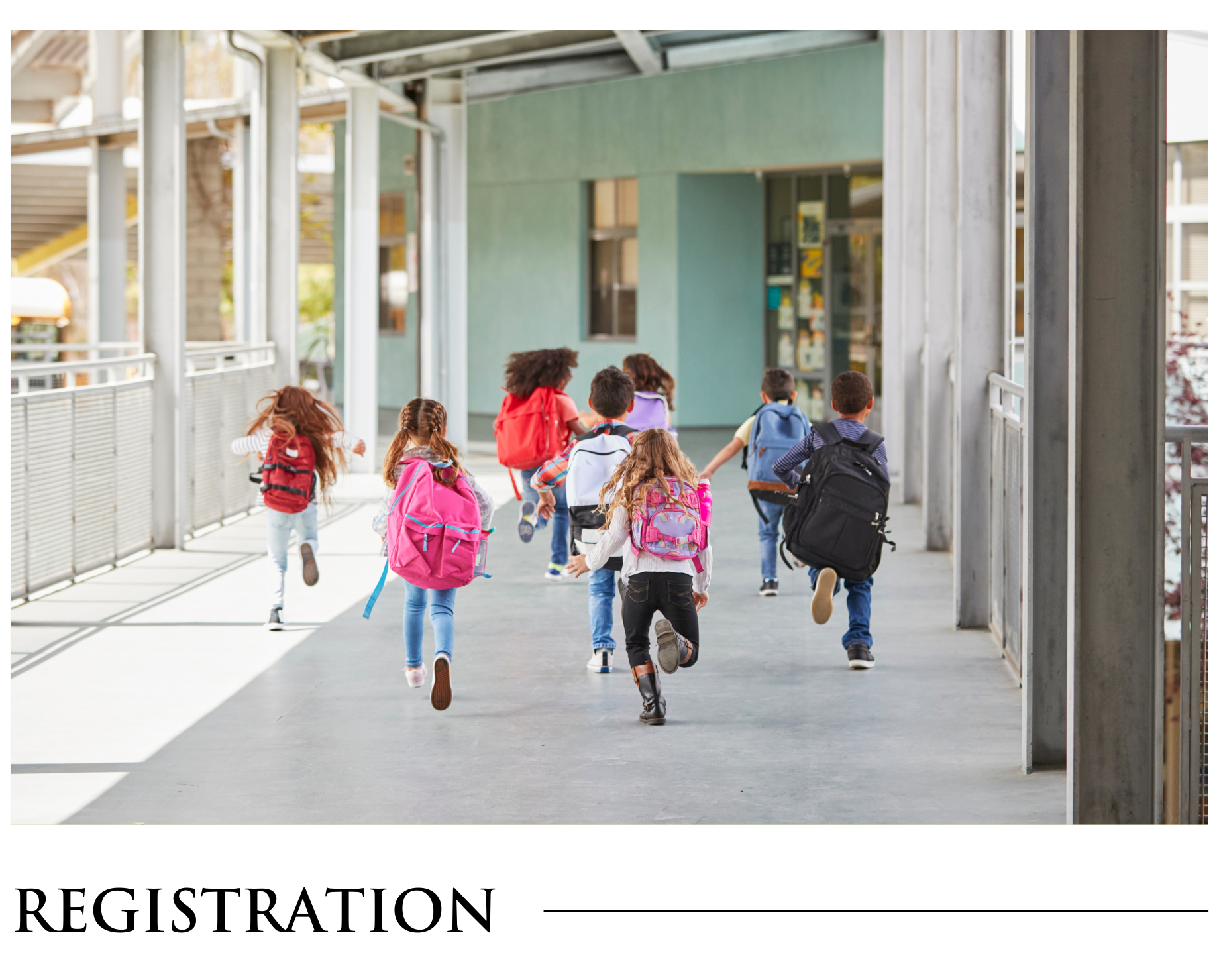 A group of children with backpacks are running down a hallway.