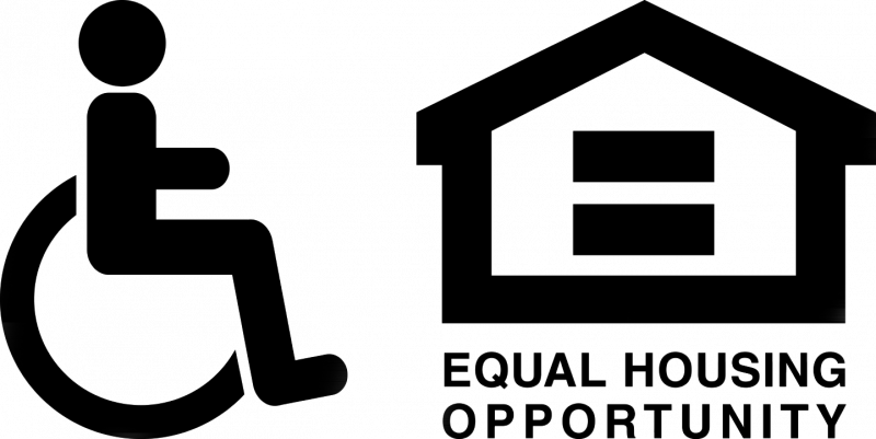 Black disability access symbol next to an Equal Housing Opportunity logo