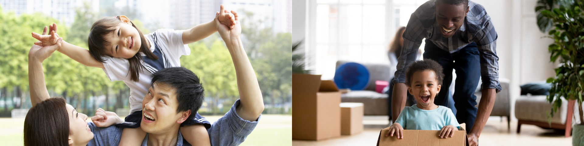People in a bright living room unpacking cardboard moving boxes, with one child holding a toy horse.
