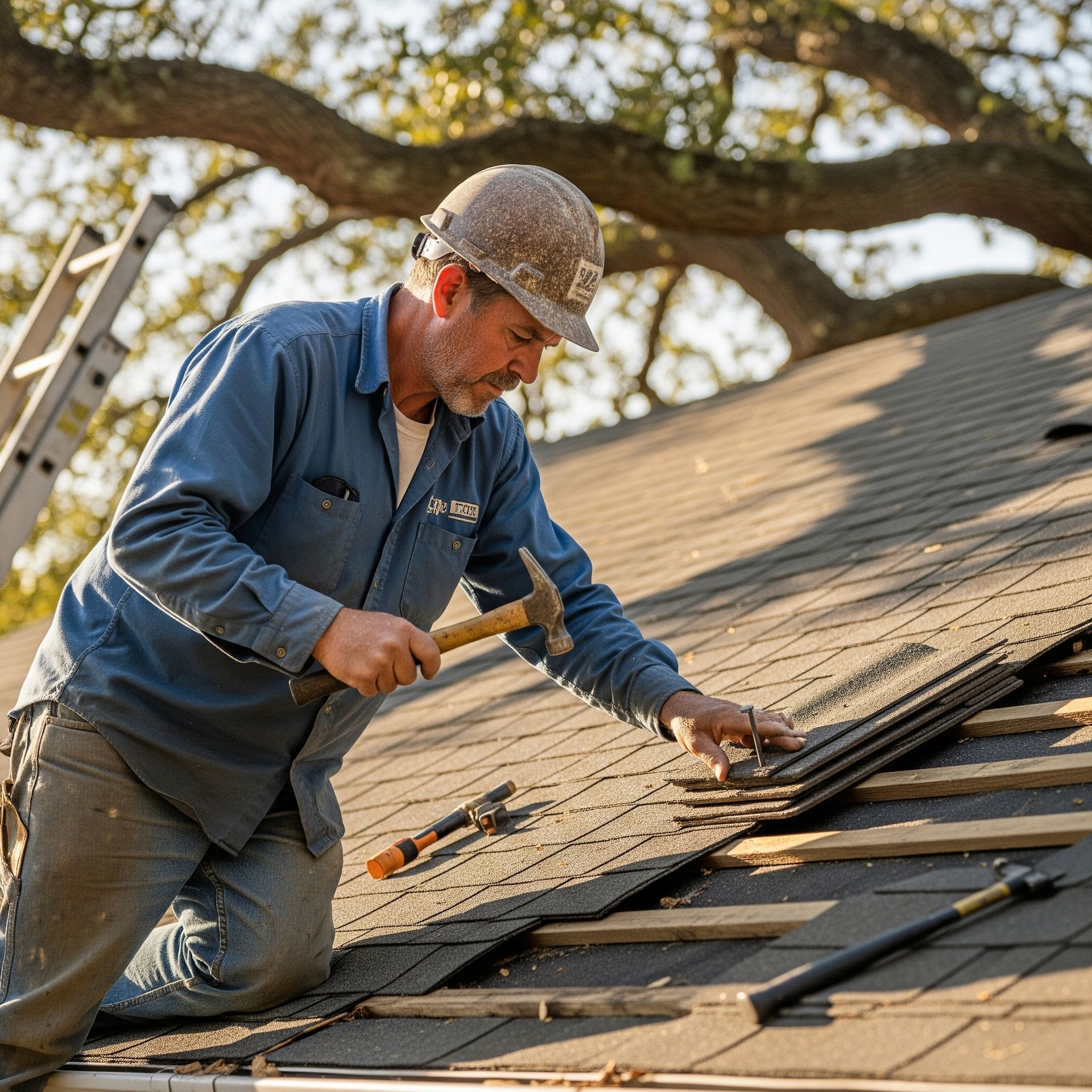 A man is working on a roof with a hammer.